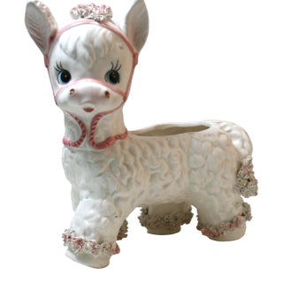 Mid Century Ceramic Baby Donkey Planter Pink & White Spaghetti Detail For Sale