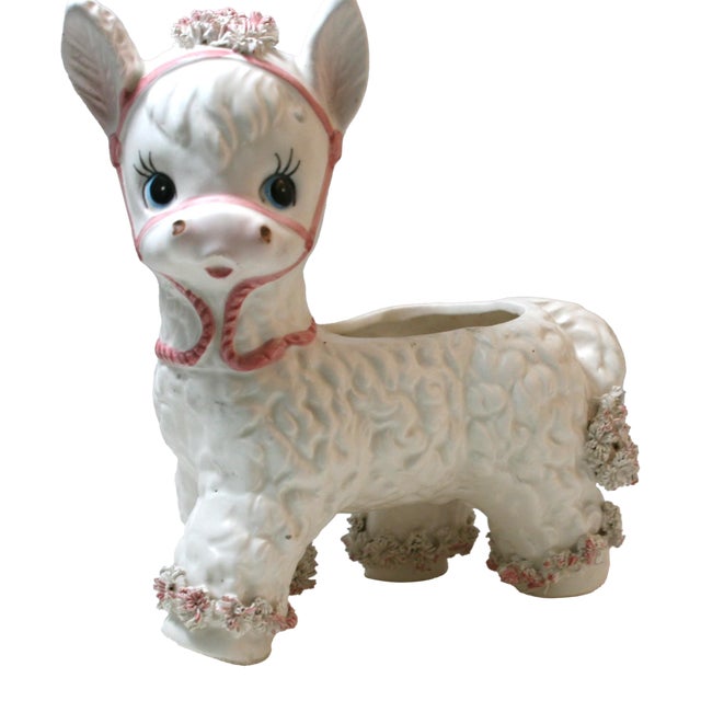 Mid Century Ceramic Baby Donkey Planter Pink & White Spaghetti Detail For Sale