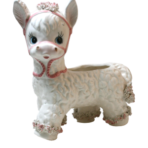 Mid Century Ceramic Baby Donkey Planter Pink & White Spaghetti Detail