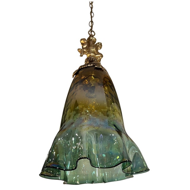 Late 20th Century Large Art Glass Fazzoletto Green Amber Cherub Pendant Light For Sale - Image 5 of 18