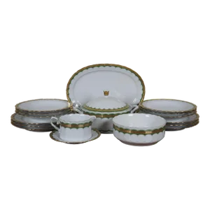Mid 20th Century Bavarian German Eschenbach Green & Gold Porcelain Dinnerware Set- 18 Pieces