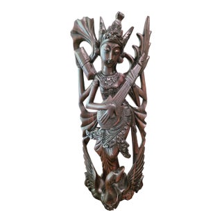 Mid 20th Century Art Deco Balinese Modernist Macassar Ebony Sarasvati Swan Rider Sculpture For Sale