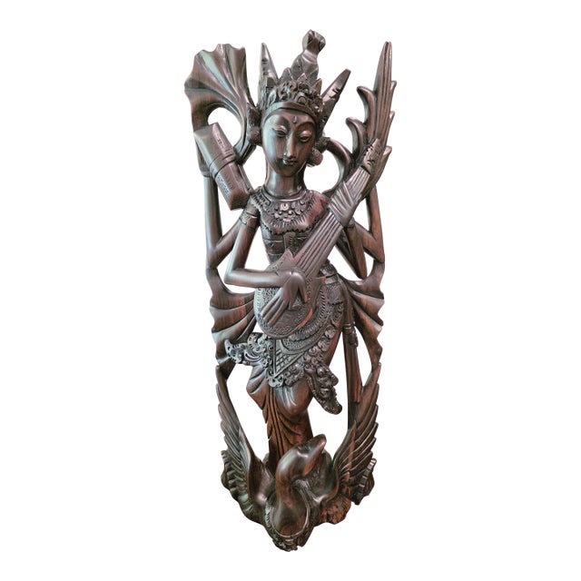 Mid 20th Century Art Deco Balinese Modernist Macassar Ebony Sarasvati Swan Rider Sculpture For Sale