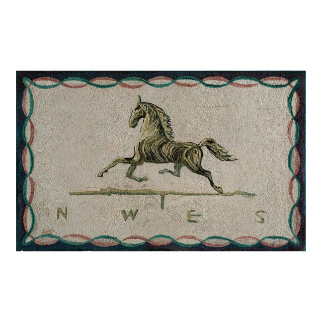 1950s Ivory Vintage American Folk Art Horse Weathervane Carpet 2'x3' 4" Wool Pile Hooked Equestrian Rug For Sale