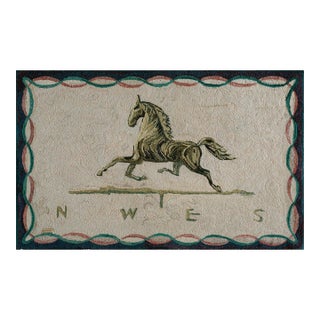 Mid Century Vintage American Folk Art Horse Weathervane Design Wool Pile Hooked Equestrian Area Rug For Sale