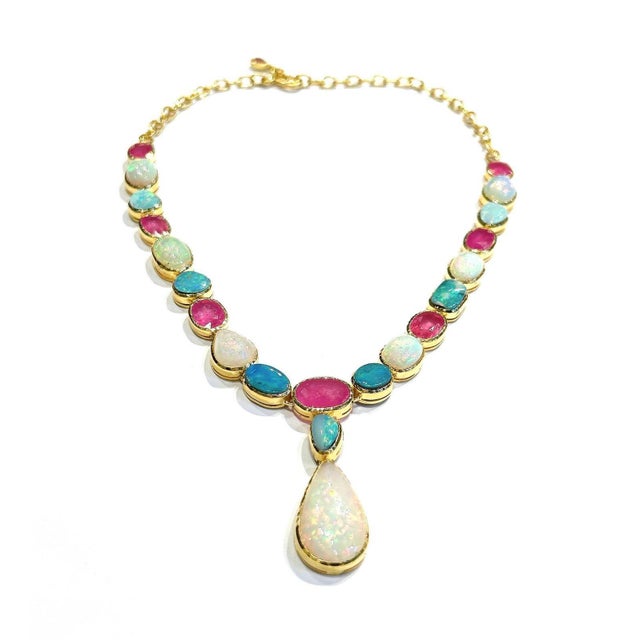 Ruby Red Bochic "Capri" Red Ruby & Fire Opal Necklace Set In 18K Gold & Silver For Sale - Image 8 of 11