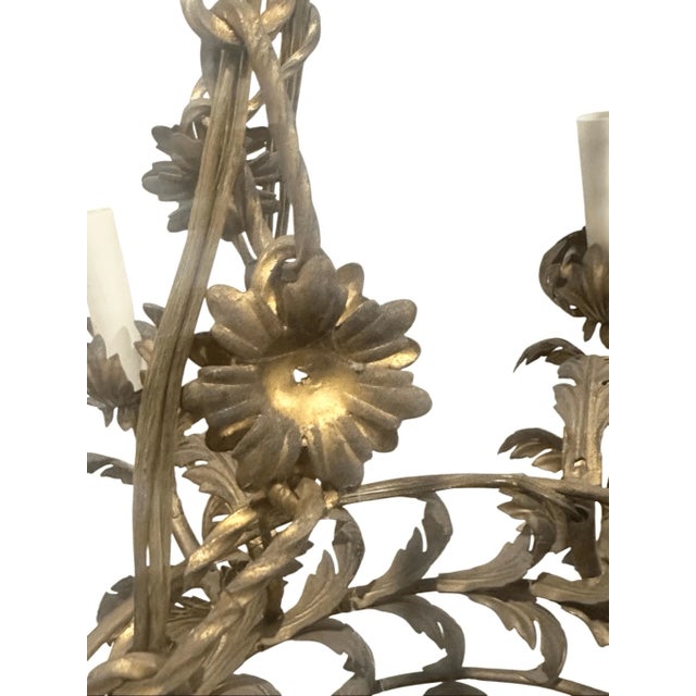 Mid 20th Century Vintage Italian Style Leaves Decor Metal 6 Arm Wired Chandelier For Sale - Image 5 of 6