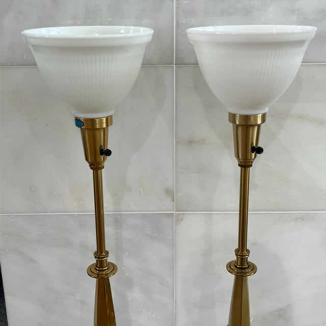1960s Vintage Mid-Century Modern Stiffel Torchiere Table Lamps Brass & Enamel Hollywood Regency - a Pair For Sale - Image 5 of 12