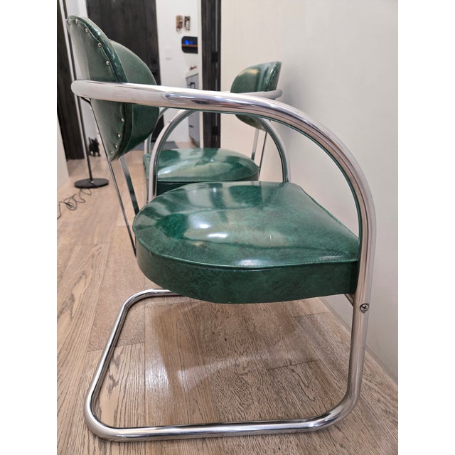 Mid 20th Century Art Deco Accent Chairs - Pair - Chrome and Green - Attributed to Kem Weber for Lloyd’s Manufacturing For Sale - Image 9 of 18