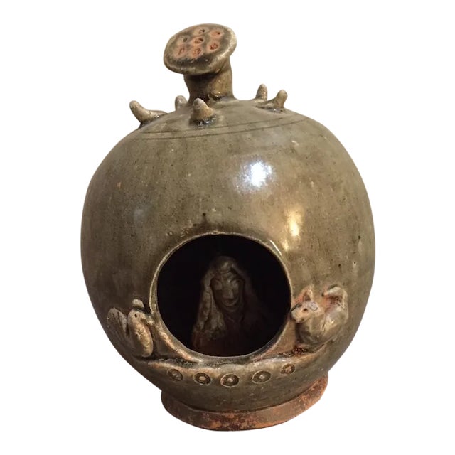 Asian Woman Inside in Olive Glaze Decorative Jar For Sale