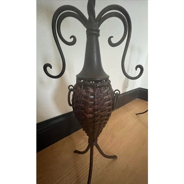 Spanish Revival Mediterranean Wrought Iron & Woven Rattan Floor Candleholders, Pair – Spanish Revival / Tuscan Style For Sale - Image 3 of 8