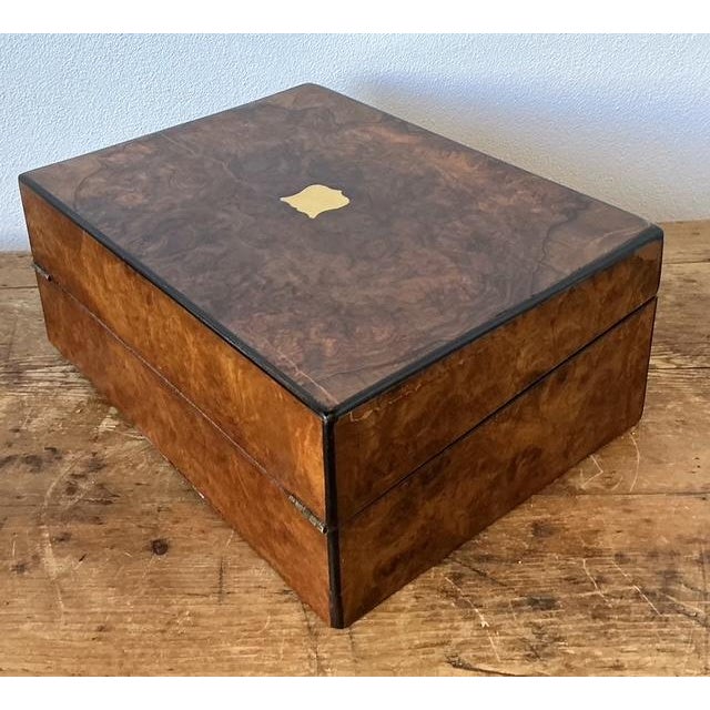 Vintage Brass Inlay Burl Wood Traveling Writing Desk Box For Sale - Image 9 of 11