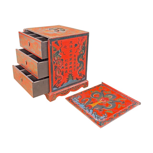 Red Vintage Distressed Chinese Red Dragon Graphic Drawers Chest For Sale - Image 8 of 14
