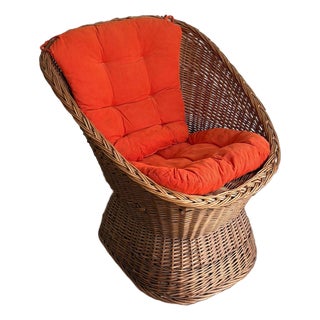 Midcentury Wicker Pod Chair W/ Original Orange Cushions For Sale