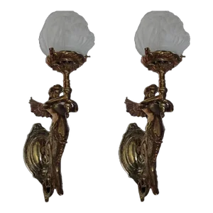 Vintage Art Nouveau Deco Mermaid Wall Sconces in Brass & Glass - a Pair