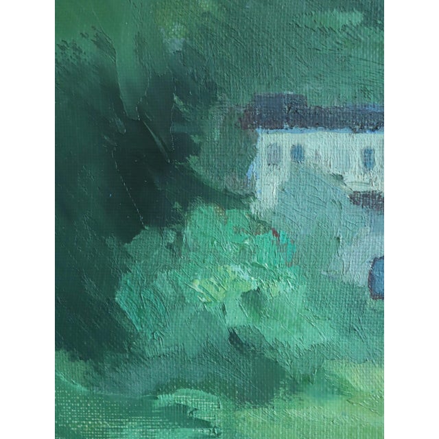 Green Mid-Century Modern 'House Beyond the Green' Vintage Swedish Expressive Landscape Oil Painting, Framed For Sale - Image 8 of 11