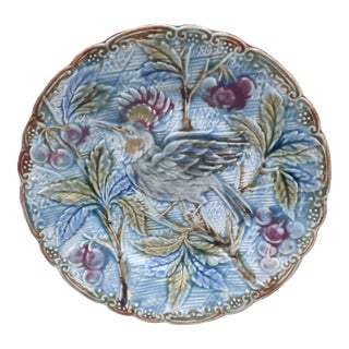 Majolica Bird With Cherries Plate Wasmuel, Circa 1890 For Sale