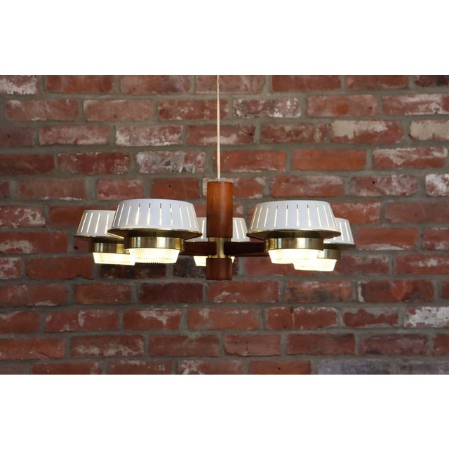 Mid-Century American Modern Walnut and Brass Chandelier Pendant by Imperialites For Sale - Image 4 of 18