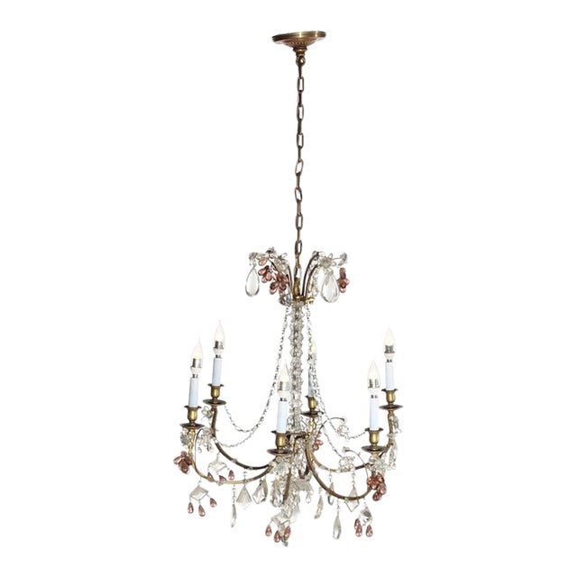 Antique French Louis XIV Style Brass & Crystal 6 Light Chandelier C1930 For Sale