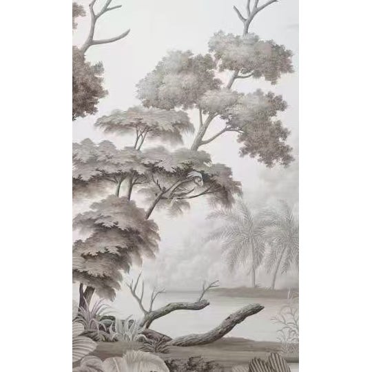 36" * H108" *6ps, Hand-Painted Retro Grey Tone Palm Rainforest Wall Mural, Low-Saturation Misty Tropical Plant Wall Covering For Sale - Image 6 of 9