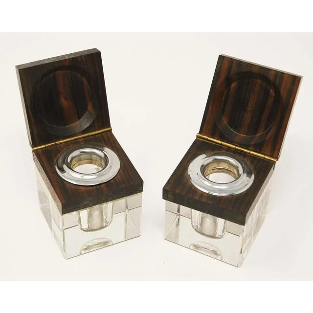 Brown Art Deco Inkwells in Macassar Wood and Crystal, Jacques Adnet Style For Sale - Image 8 of 13