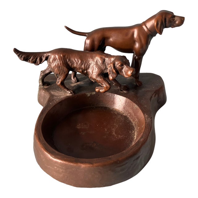 1920's English Bronze Hunting Dogs, Pointer & Golden Setter, Trinket Bowl Tray For Sale
