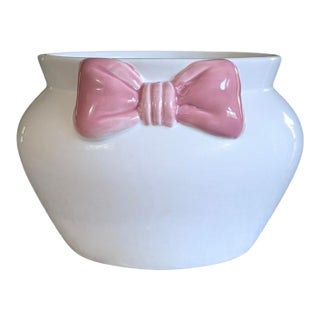 Grandmillenial White Ceramic Fishbowl Planter With Pink Bow For Sale