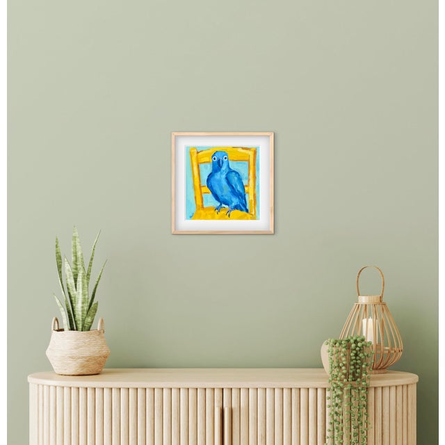 2020s Blue Parrot on Yellow Chair Oil Painting Original Art For Sale - Image 5 of 7