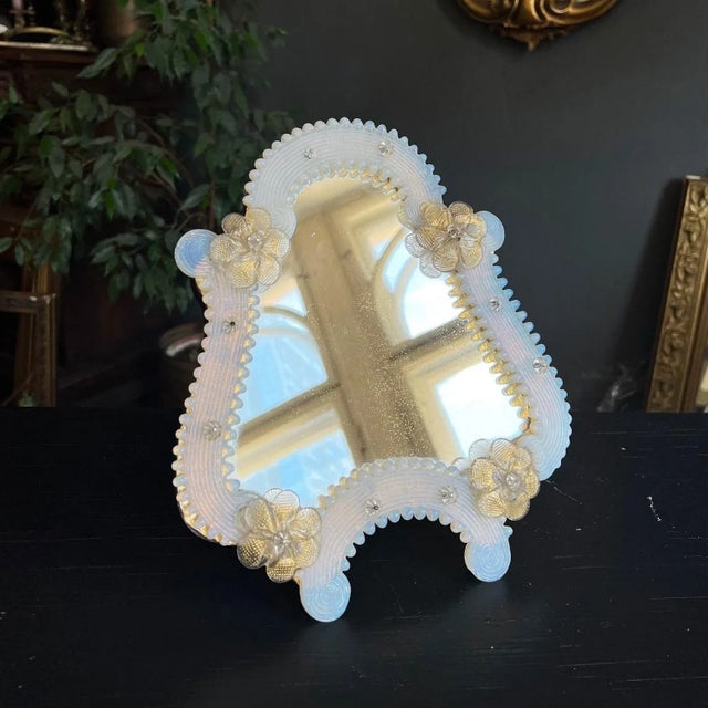 Unique, rare design - Iridescent Murano glass, gold flowers and surface of the mirror is c Infused with 24k gold flecks