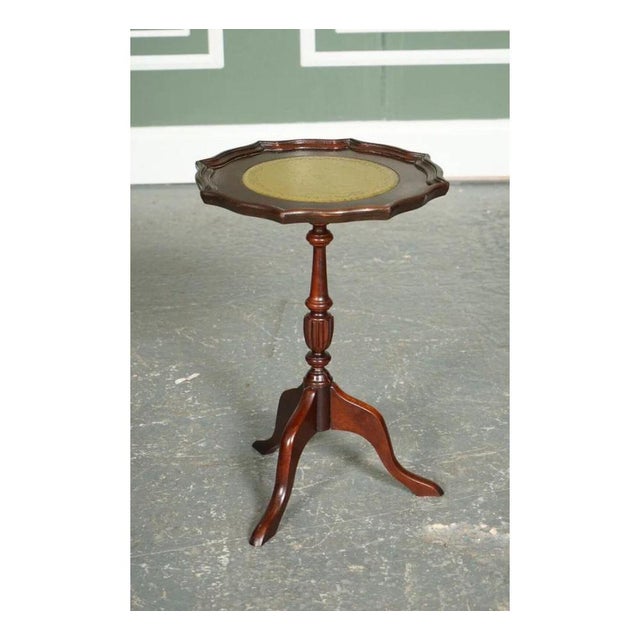 Vintage Pie Crust Green Leather Top Plant Wine Side Stand On Tripod Feet. We have lightly restored this by cleaning, hand...