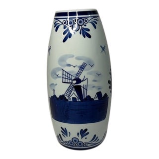 Vintage Holland Delft Blue Hand Painted Tulip Windmill Ceramic Vase For Sale
