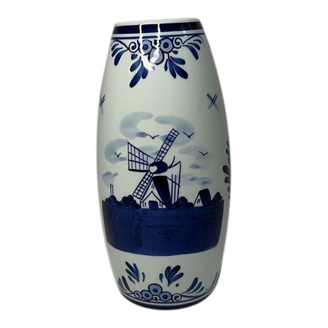 Vintage Holland Delft Blue Hand Painted Tulip Windmill Ceramic Vase For Sale