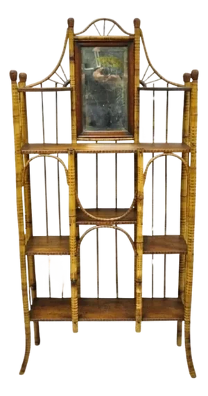 Antique English Victorian Bamboo Stick and Ball Curio Shelf Display Etagere