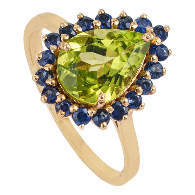 Peridot Blue Sapphire Halo Green 14k Gold Ring Size 9, Fine Jewelry by VRJewels For Sale