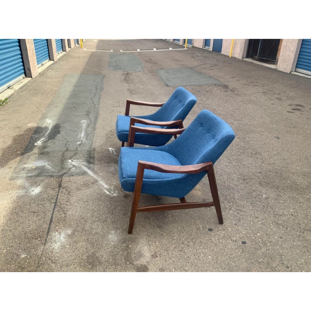 Modern Mid Century Style Lounge Chairs Solid Walnut Frames/Blue Chenille For Sale - Image 4 of 8