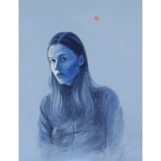 L in Ultramarine by Valentin Fischer | Oil Painting of a woman with blue tones and a light background For Sale