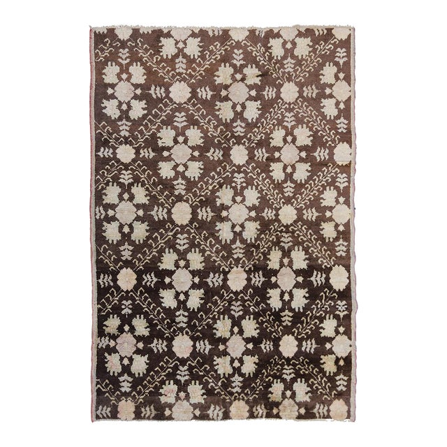 1950s 5x7 Rare One-of-a-Kind Turkish Tribal Rug | Hand-Knotted Brown & Ivory Wool For Sale