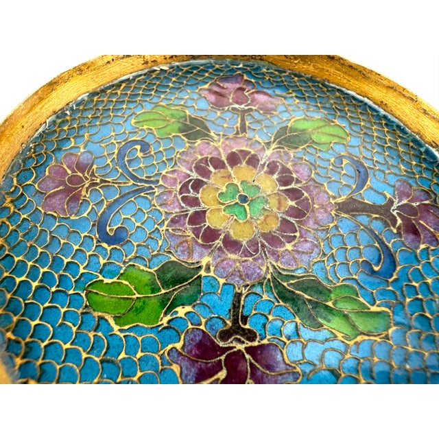 Vintage Mid 20th Century Chinese Cloisonné Decorative Bowl in Brilliant Sky Blue With Floral Motif For Sale - Image 13 of 16