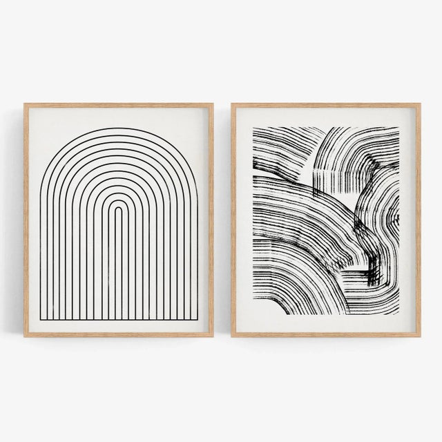 Set of 2 abstract open edition giclee prints. 20"x28" Elegant black line geometrical forms on a slightly toned white...