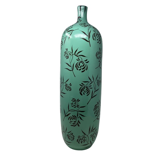 Late 20th Century Vintage Mint Green Large Hand Painted Floral Decor Vase For Sale In Palm Springs - Image 6 of 7