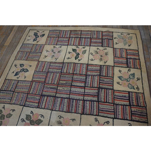 Remarkable Beige Color With Geometric and Floral Design Vintage American Hooked Rug For Sale - Image 4 of 15