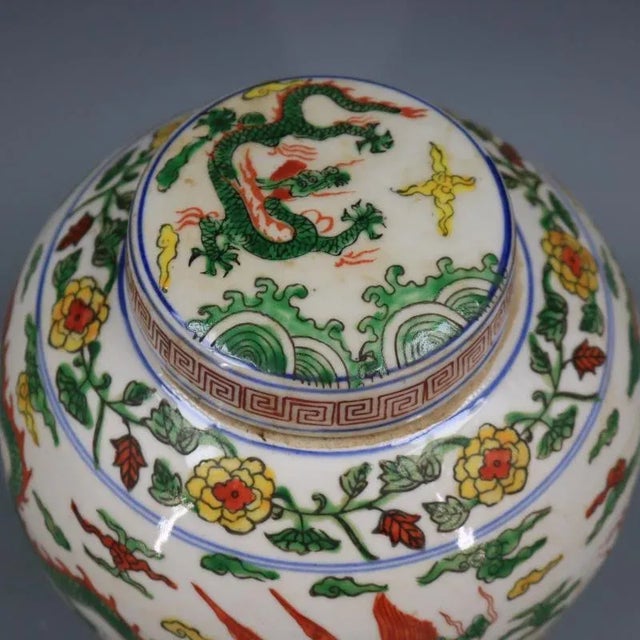 Early 20th Century Chinese Vintage Ceramic Pot,Ming Dynasty Jiajing Marked Famille Verte Porcelain Tea Jar Hand Painted Cloud Dragon Pattern For Sale - Image 5 of 7