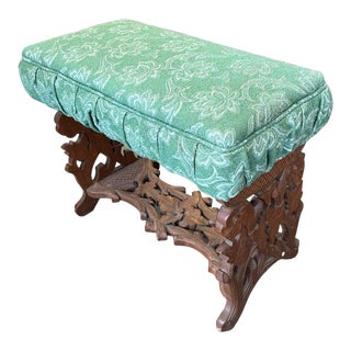 Antique Victorian Carved Walnut Footstool Bench With Floral Upholstered Seat For Sale