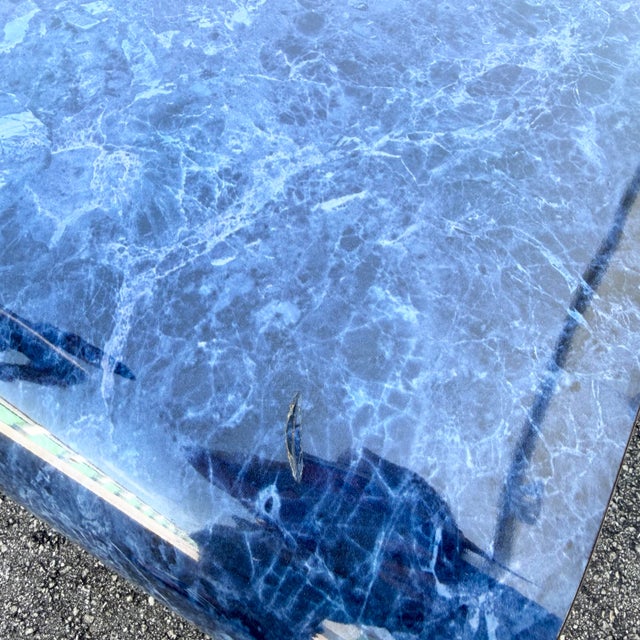 Wood Postmodern Bullnose Faux Blue Marble Coffee Table on Chrome Legs For Sale - Image 7 of 7