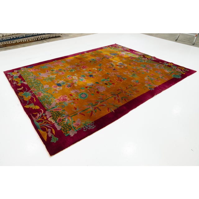 Antique Designed Art Deco Chinese Wool Rug Handmade in Goldenrod Color For Sale - Image 4 of 10
