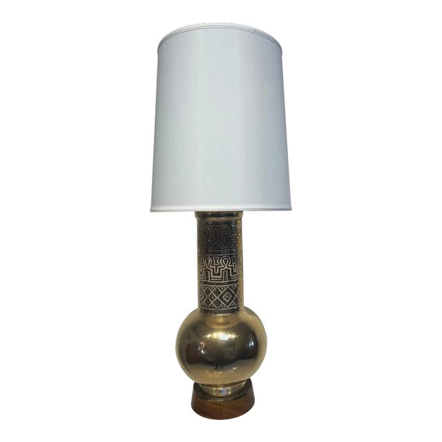 Gilded Hollywood Regency Table Lamp With Egyptian Revival Ceramic Heirogylph Motifs For Sale