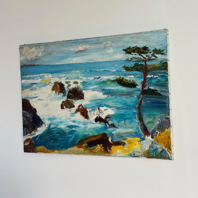 Mid-Century Oil Painting depicting California Coast and Waves by Olive Van Bergen Measures approx: 34 x 24 Raw edged...