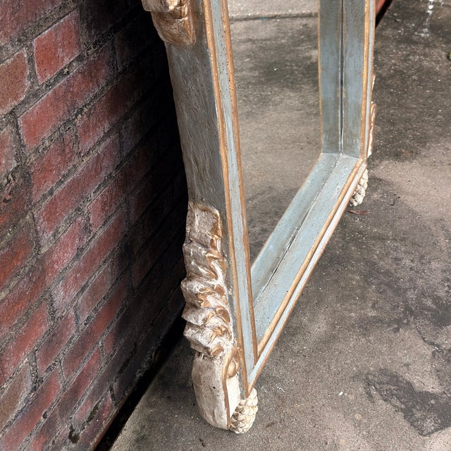 Late 20th Century Wood & Gesso Parcel Gilt Newly Painted Chambray Blue Louis XVI Wall Mirror - Mario Buatta Style For Sale - Image 14 of 16