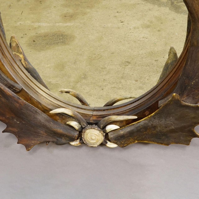 Wood Antique Black Forest Mirror With Antler Arrangement Ca. 1920s For Sale - Image 7 of 8