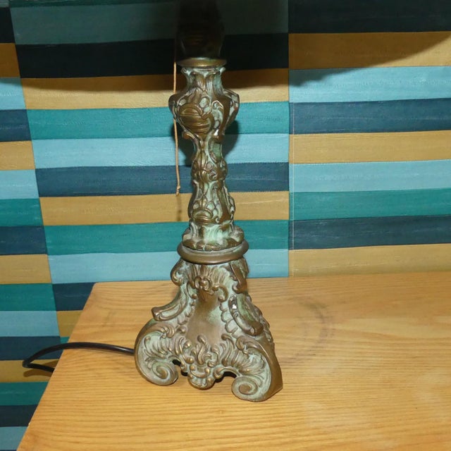 Vintage Table Lamp in Brass and Dark Green Satin Shade, 1920s For Sale - Image 12 of 13